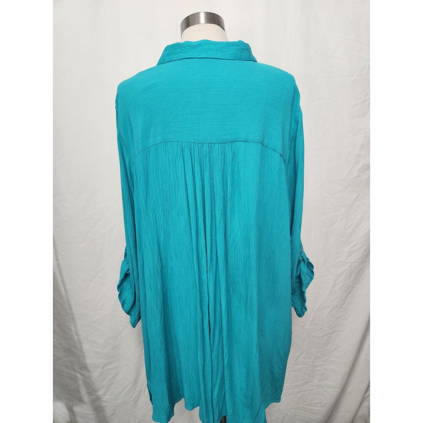 Evans Womens Tunic Top 22/24 Turquoise Button Up Roll Tab Slv Pleat Back Blouse — image 5 of 8
